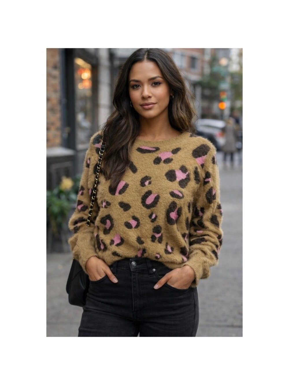 Dolan Left Coast Collection Pink Leopard Print Fuzzy Eyelash Knit Sweater L.  AB